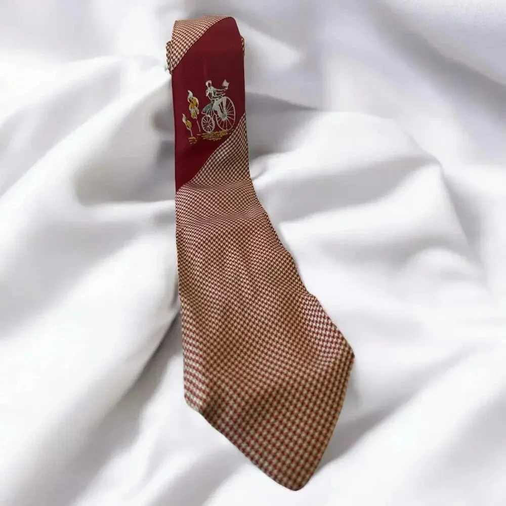 Vintage 1940s Red Houndstooth Necktie with Woman on Bicycle Design - Picture 2 of 2